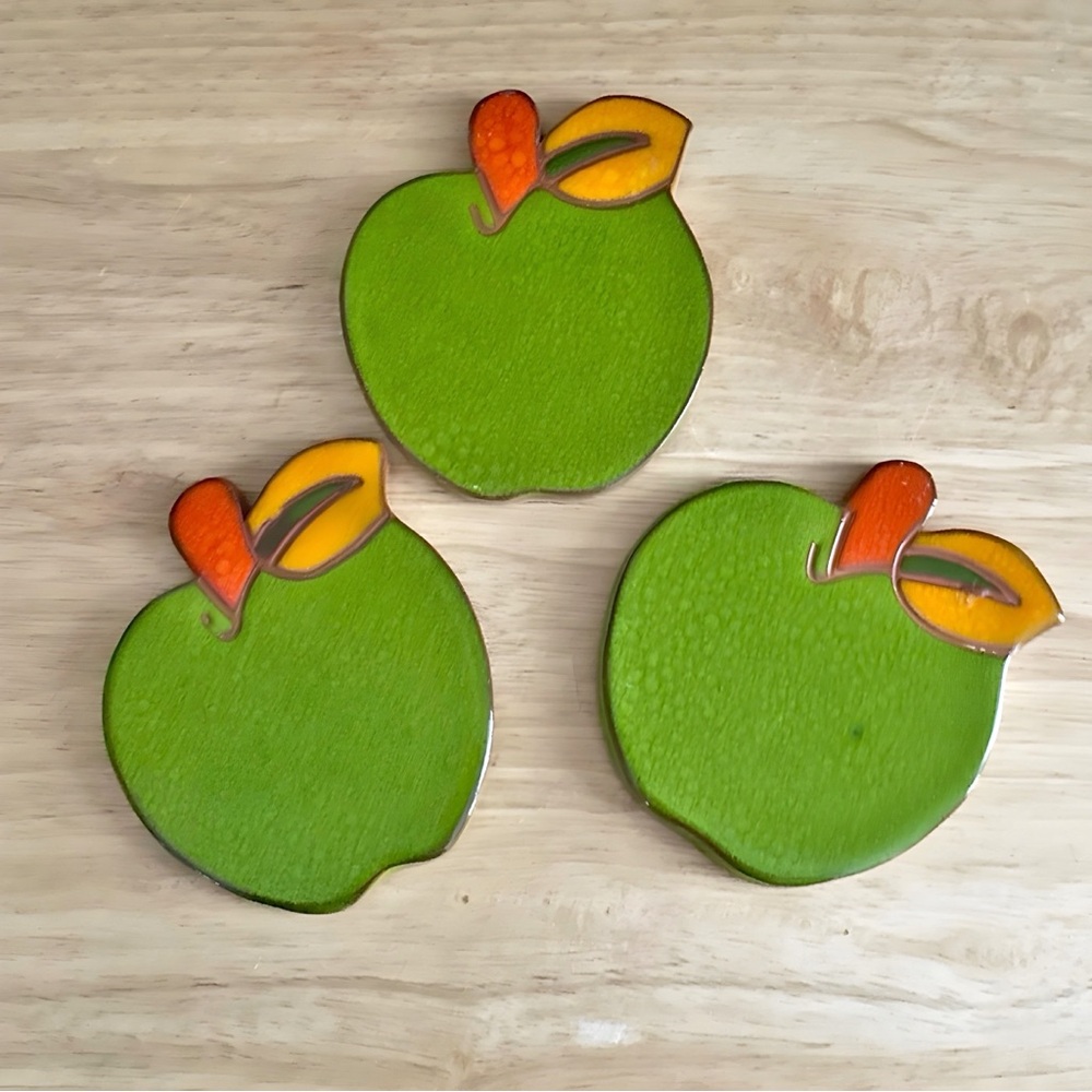 Vintage Ceramic Glazed Stoneware Green Apple Colorful Farmhouse Coasters Decor
